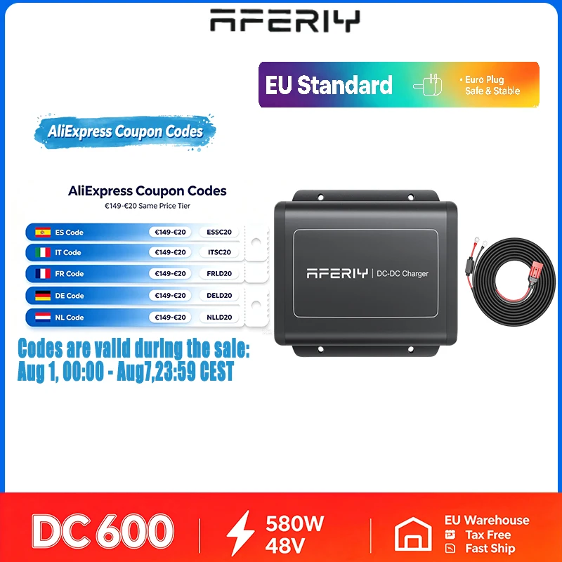 AFERIY DC600 580W DC-DC-Generator-Ladegerät 48V Schnell-Autoladegerät 12V/24V Fahrzeugbatterie zu tragbarer Powerstation 6X Schnellladung Anderson-Anschluss für Wohnmobile, Camping, Off-Grid