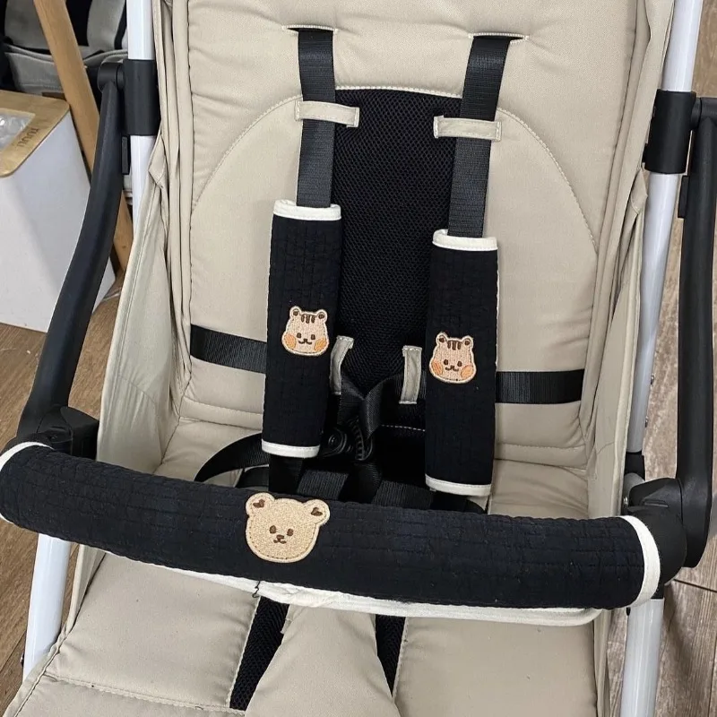 Universal Stroller Handlebar Cover Cotton Teething Guard with 3D Animal Embroidery Chew Proof Shoulder Protector Drool Pad
