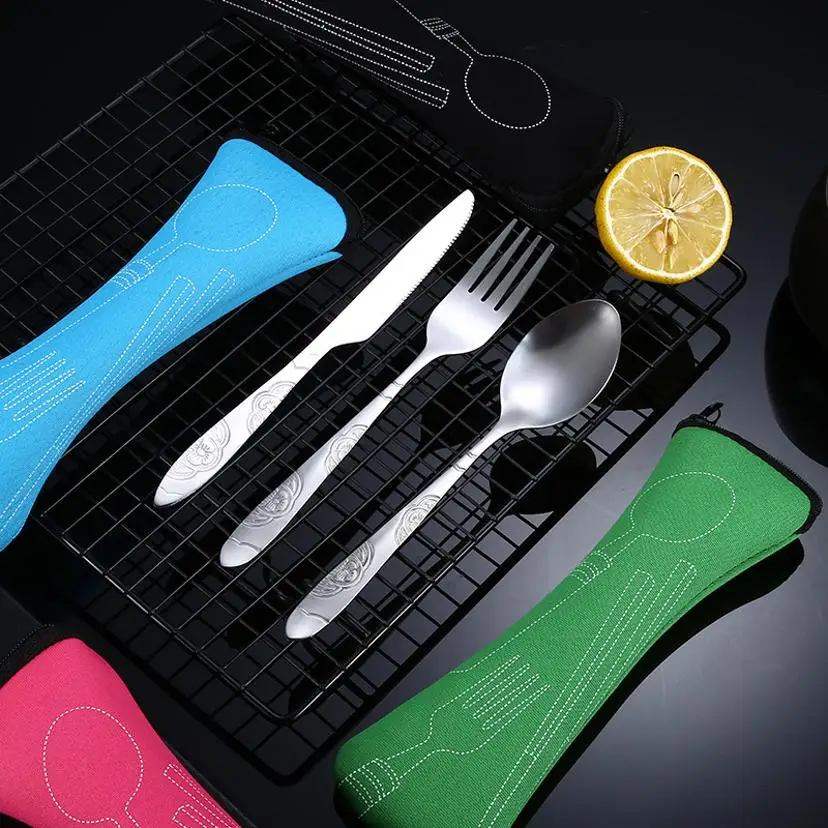 3 Pcs/set Dinnerware Portable Printed Stainless Steel Spoon Fork Steak Knife Set Travel Cutlery Tableware With Bag