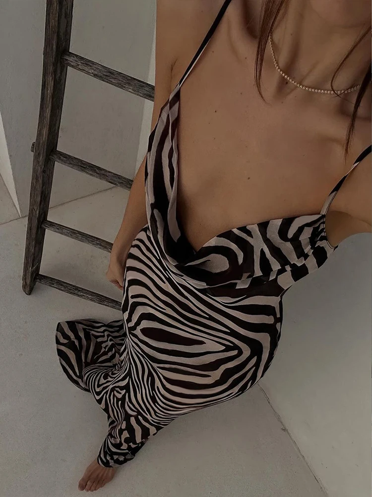 

Zebra Print Maxi Dress Women Fashion Sheer Chiffon Holidays Beach Dress Summer Elegant Sexy Front Cowl Backless Party Dress 2024