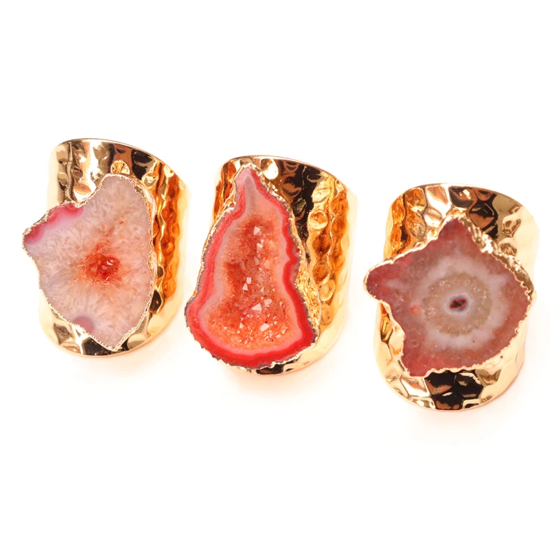 OUENGE Natural Stone Rings OG015 Irregular Geode Genuine Stone Hole Open Purple Crystal Ring for Women Adjustable 1pcs Random