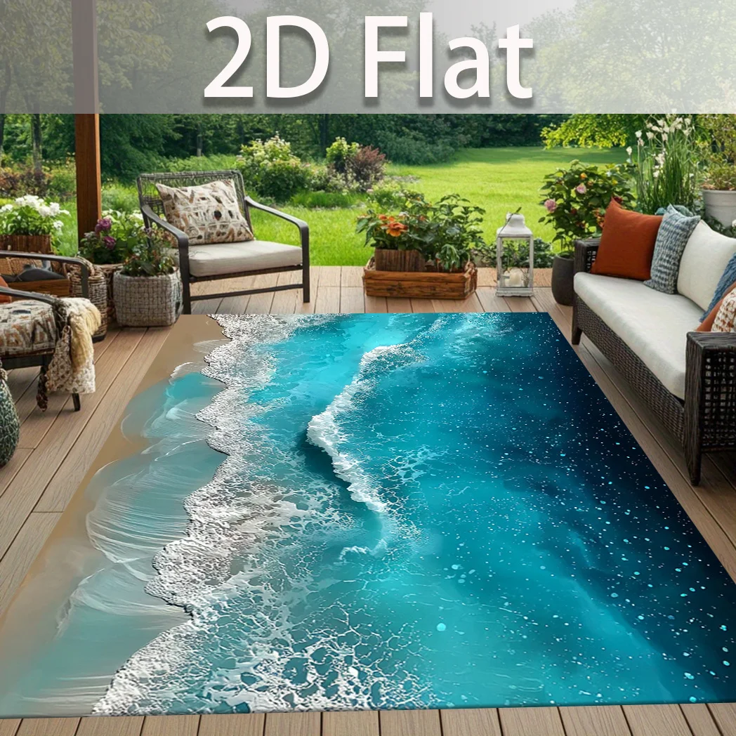 1pc 2D Flat Rectangular Ocean Wave Beach Rug, Thick Non-Slip Machine Washable Jumbo Mat for Indoor & Outdoor, Living Room