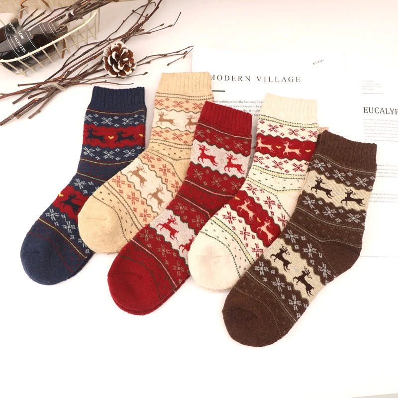 5 Pairs Women Winter Warm Socks Retro Fashion Middle Tube Deer Print Thick Rabbit Sheep Wool Socks Christmas Elk New Year's Sock