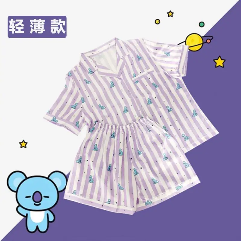 Kawaii Bt21 Pajamas 2Pcs Set Cute Cartoon Printed Lapel Short Sleeve Shorts Home Clothes Summer Light Casual Wear Girl Boy Gift