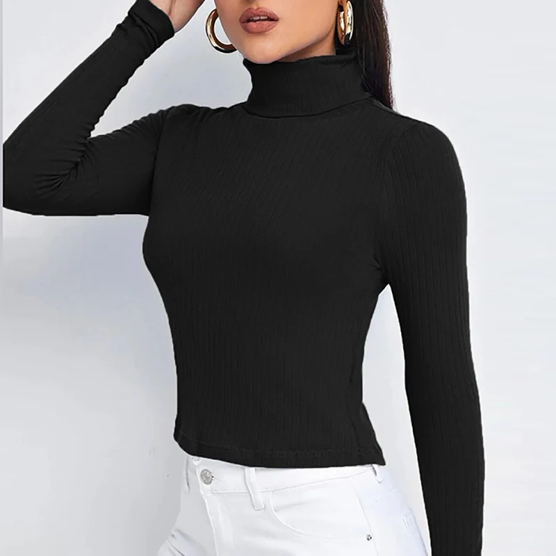 Autumn Long Sleeve Shirt Green Women Solid Slim Turtleneck Blouses For Women Sexy Cropped Tops Casual Short Shirt 2022