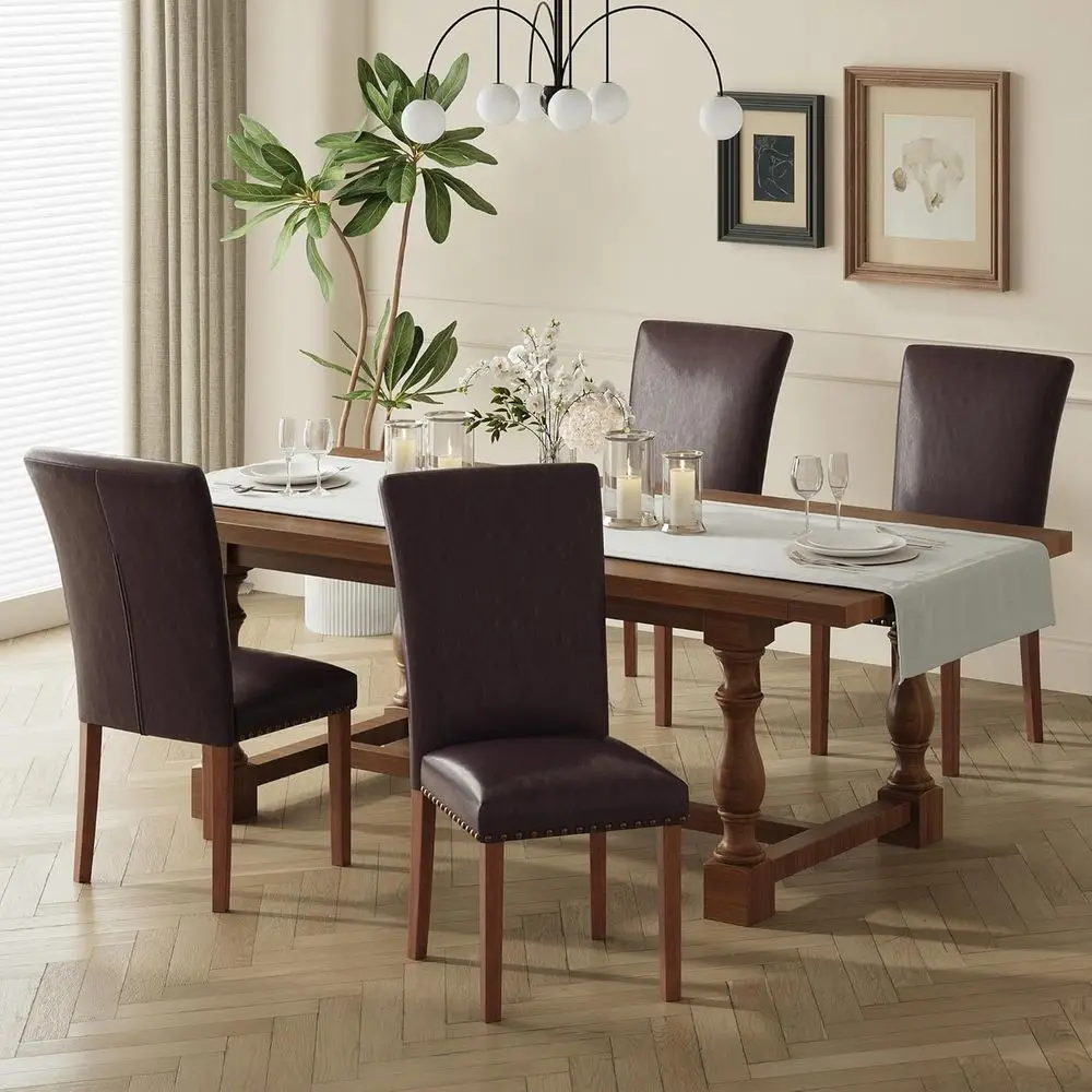 Upholstered Parsons Dining Chairs Set o 4, PU Leather Dining Room Kitchen Side Chair with NailTrim and Wood Legs - k Brown