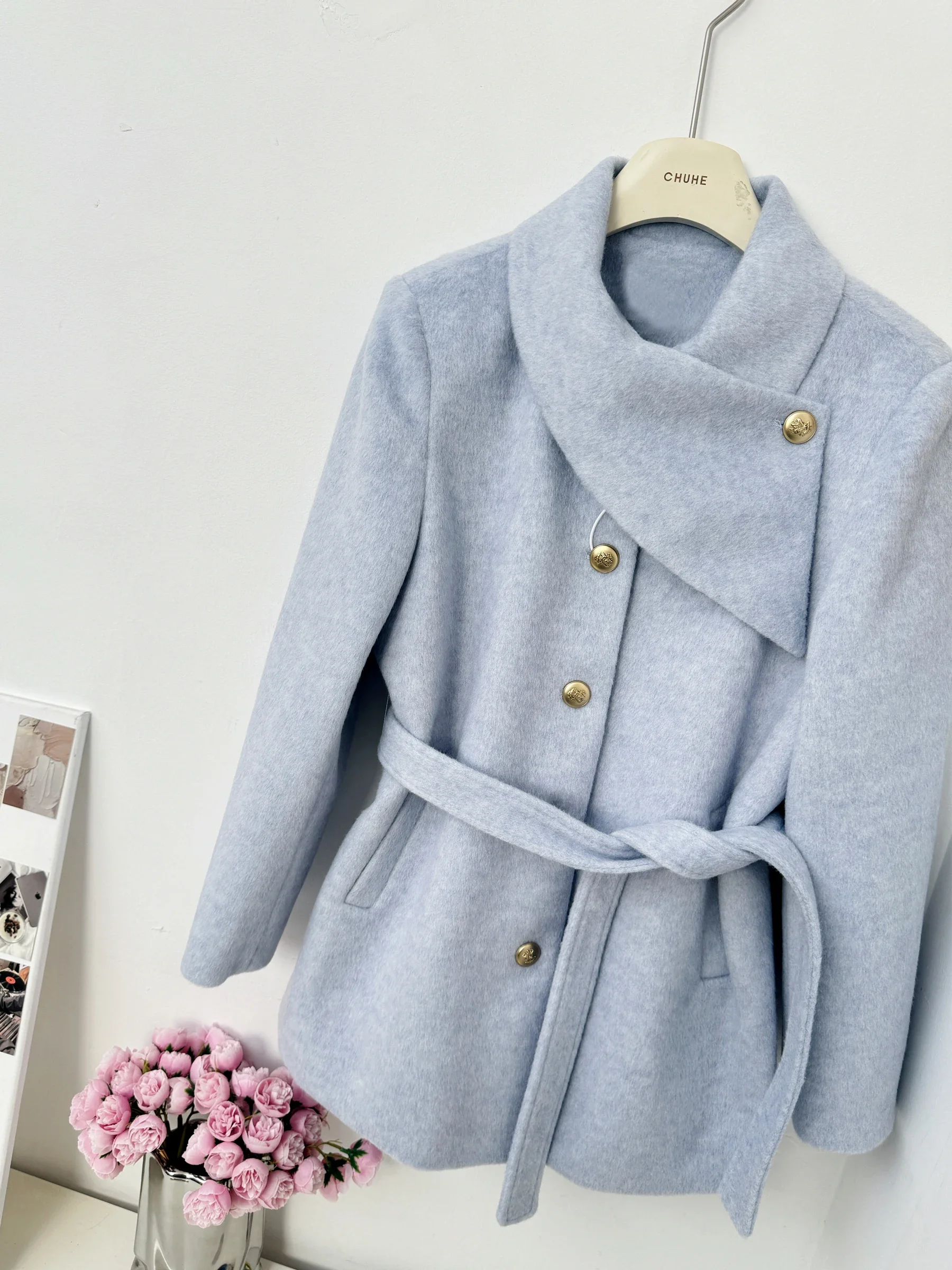 UNXX Rich Heiress Elegant Outfit Sweet Wool Coat Thickened Waist-Cinching Blue Woolen Coat for Women Female Office Lady Winter