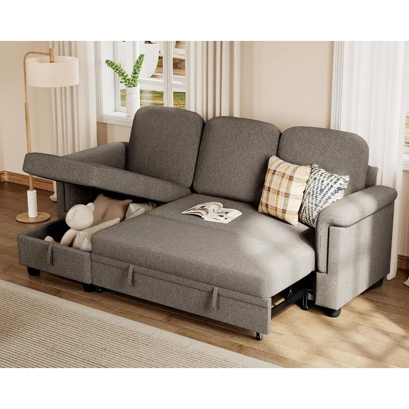 Sleeper Sofa, L-Shaped Sofa Couch with Side Storage Pocket Pull Out Bed with Reversible Storage Chaise Sectional Couches