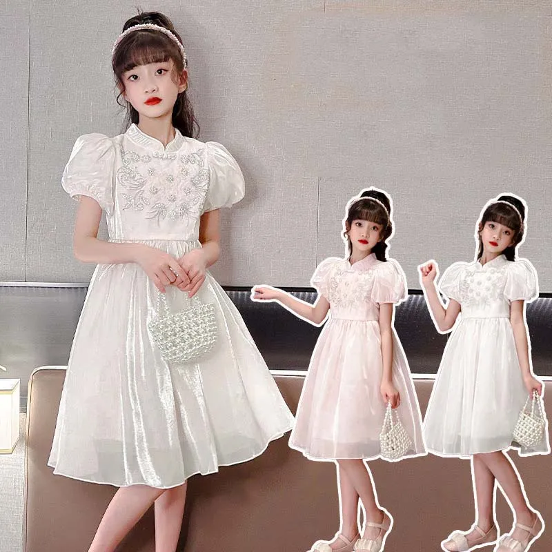 

2025 Summer Junior Girls Dress Teenager Girls Fashion Bubble Sleeve Gauze Princess Dress School Girls Pearl Shiny Tulle Dress