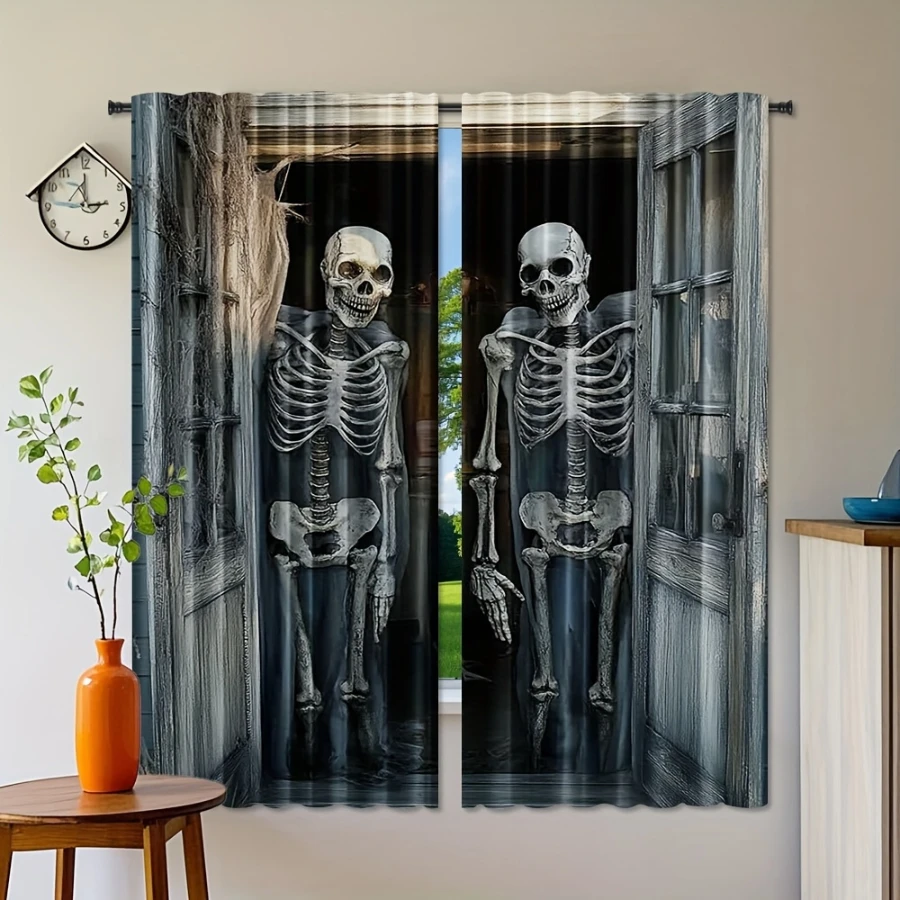 2PCS Digital Printed Curtains, Gothic Skull Dark Pattern, Blackout Print Style Rod Pocket Drapes for Bedroom Living Room Decor