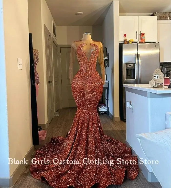 

Sparkling Diamonds Long Sleeve Prom Dress Customized For Black Girls Elegant Beaded Applique فساتين للمناسبات ا