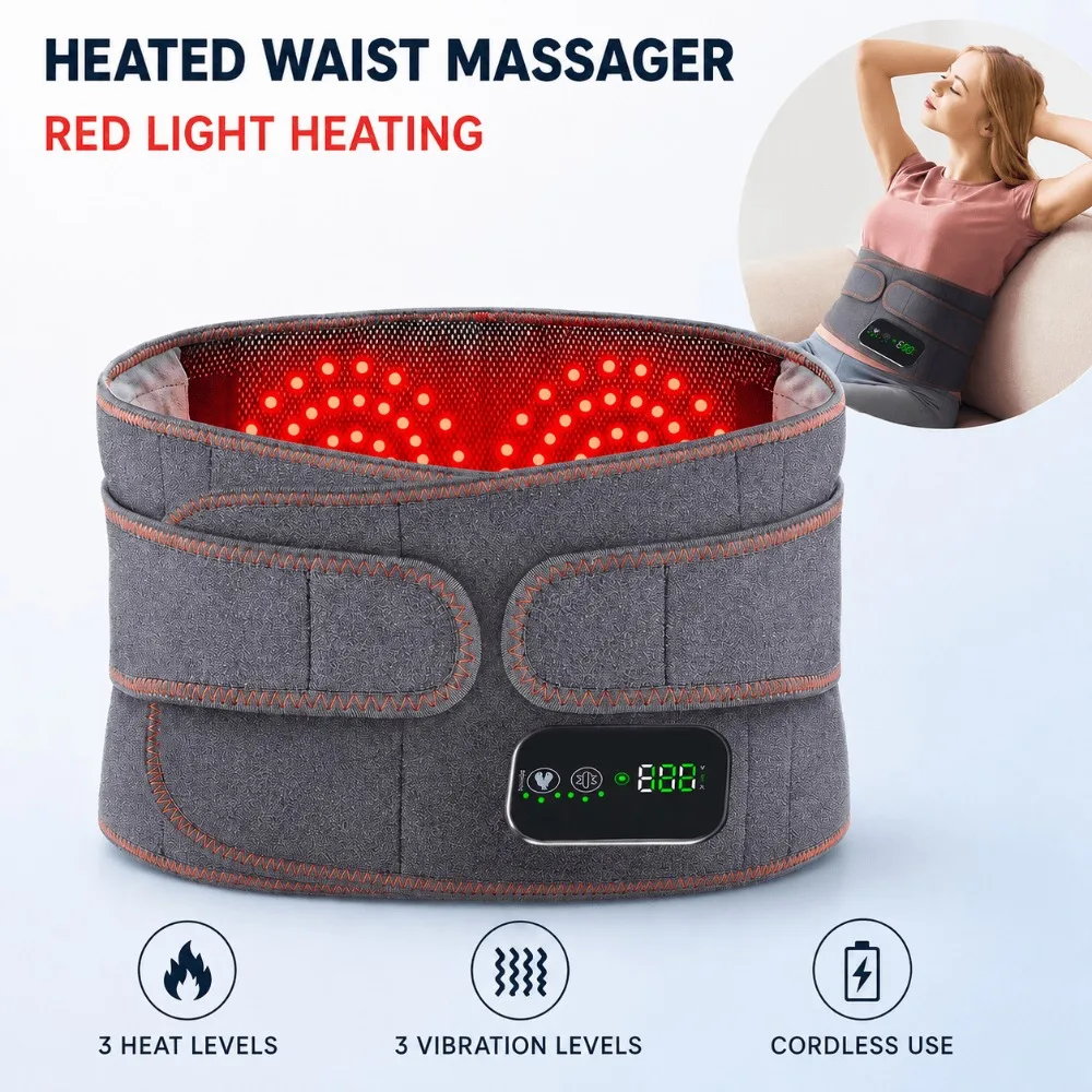 Electric Heating Waist Belt, Red Light Hot Compress Vibration Massager, Cordless Adjustable Back Support for Home and Office Use