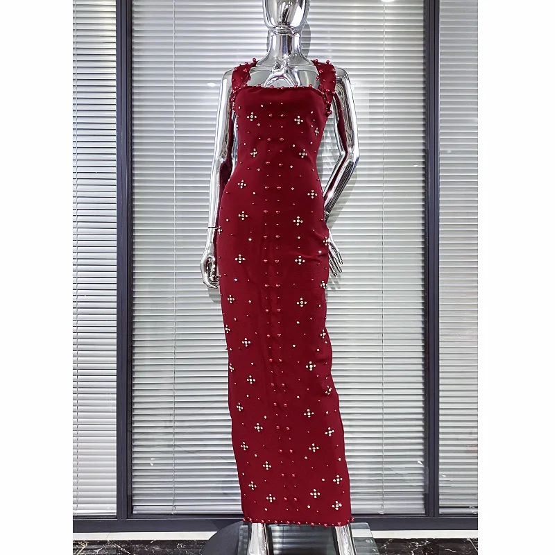 

Luxury Shining Diamond Pearl Beading Halter Ankle Length Bandage Dress Elegant Woman Evening Party Vestido Birthday Party Outfit