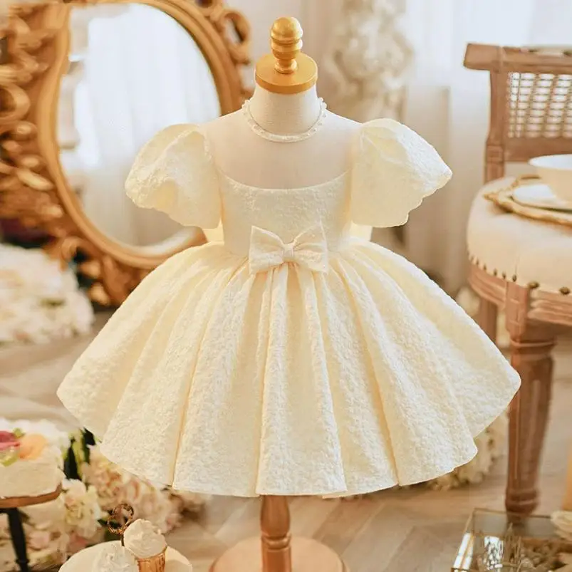 High-End Children's Princess Evening Gown Bow Bead Puff Sleeve Design Birthday Baptism Party Easter Eid Dresses For Girls A2819