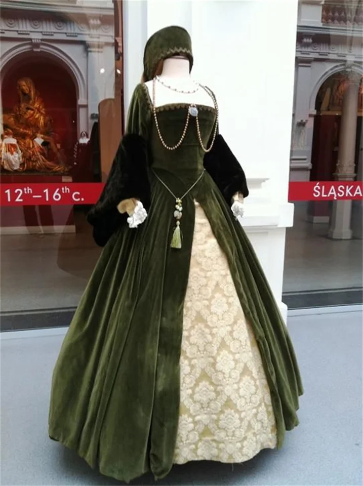 green tudor dress Green Christmas Festive Party Gown Renaissance Faire Tudor Style Queen Elizabeth I Brocade Dress Game of Thrones Venice Carnival Costume (Size: L)