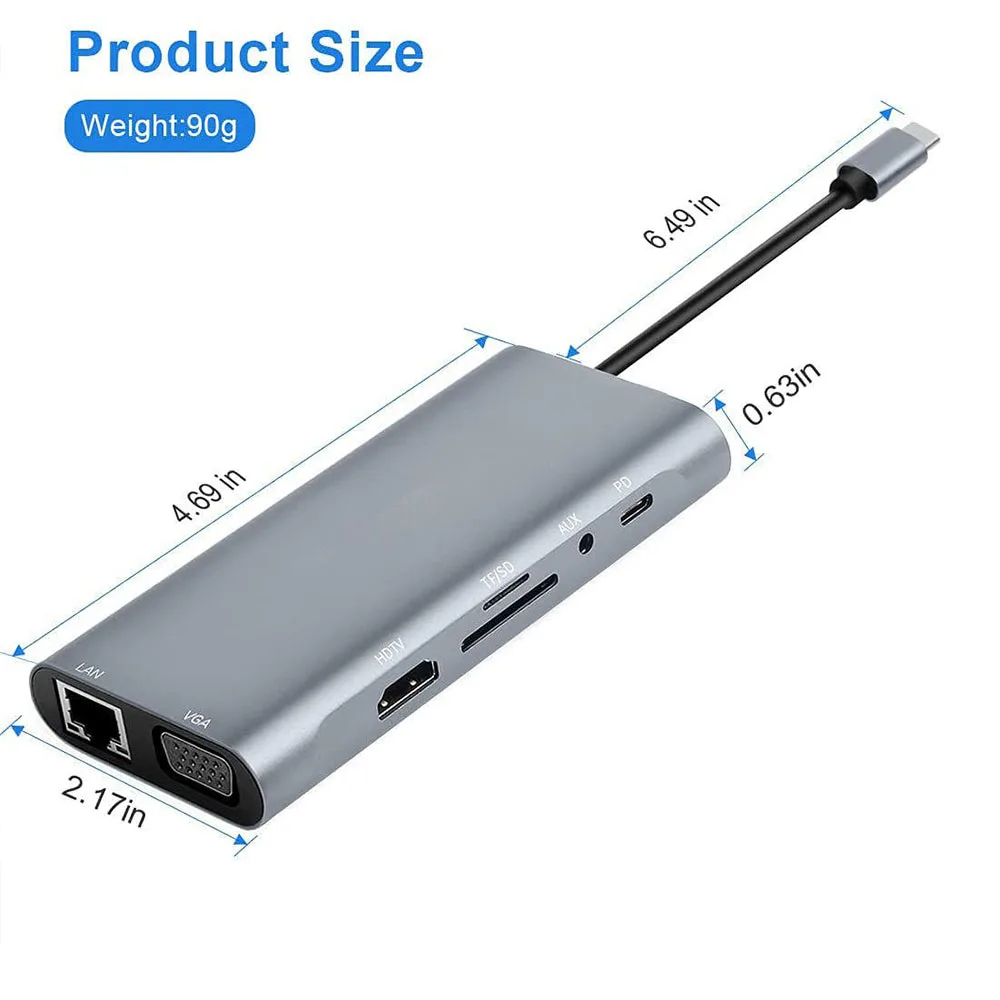 11-in-1 Type C Hub Adapter 4K@30HZ HDMI-compatible 100W PD Fast Charge RJ45 USB3.0/2.0 SD/TF Audio Port for Laptop MacBook
