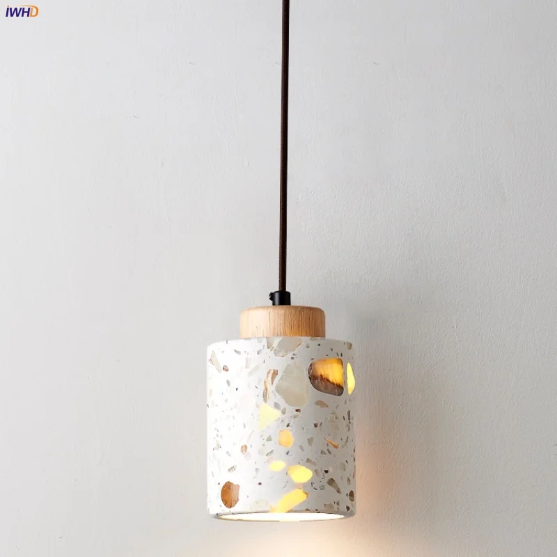 

IWHD Home Lighting LED Pendant Light Fixture Bar Hotel Living Room Decor Stone Wani Sabi Natural Wood Column Terrazzo Hang Lamp