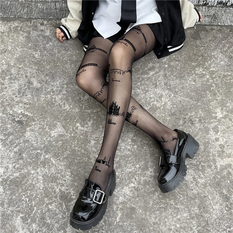 Flocked Stockings Letter Print Stockings Thin Anti-Snag Pantyhose Black with Letter Print Stockings