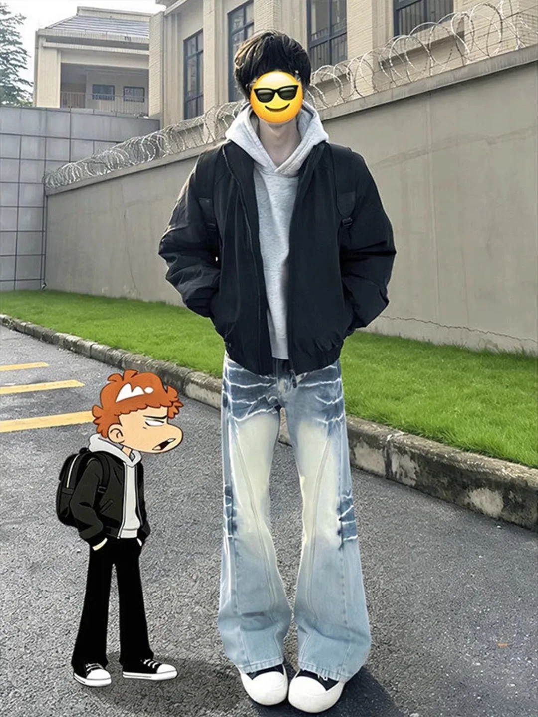 

Blue Lightning Pattern Slanted Cut Men's Jeans American High Street Spring Straight Leg Trousers Casual Comfortable Fit