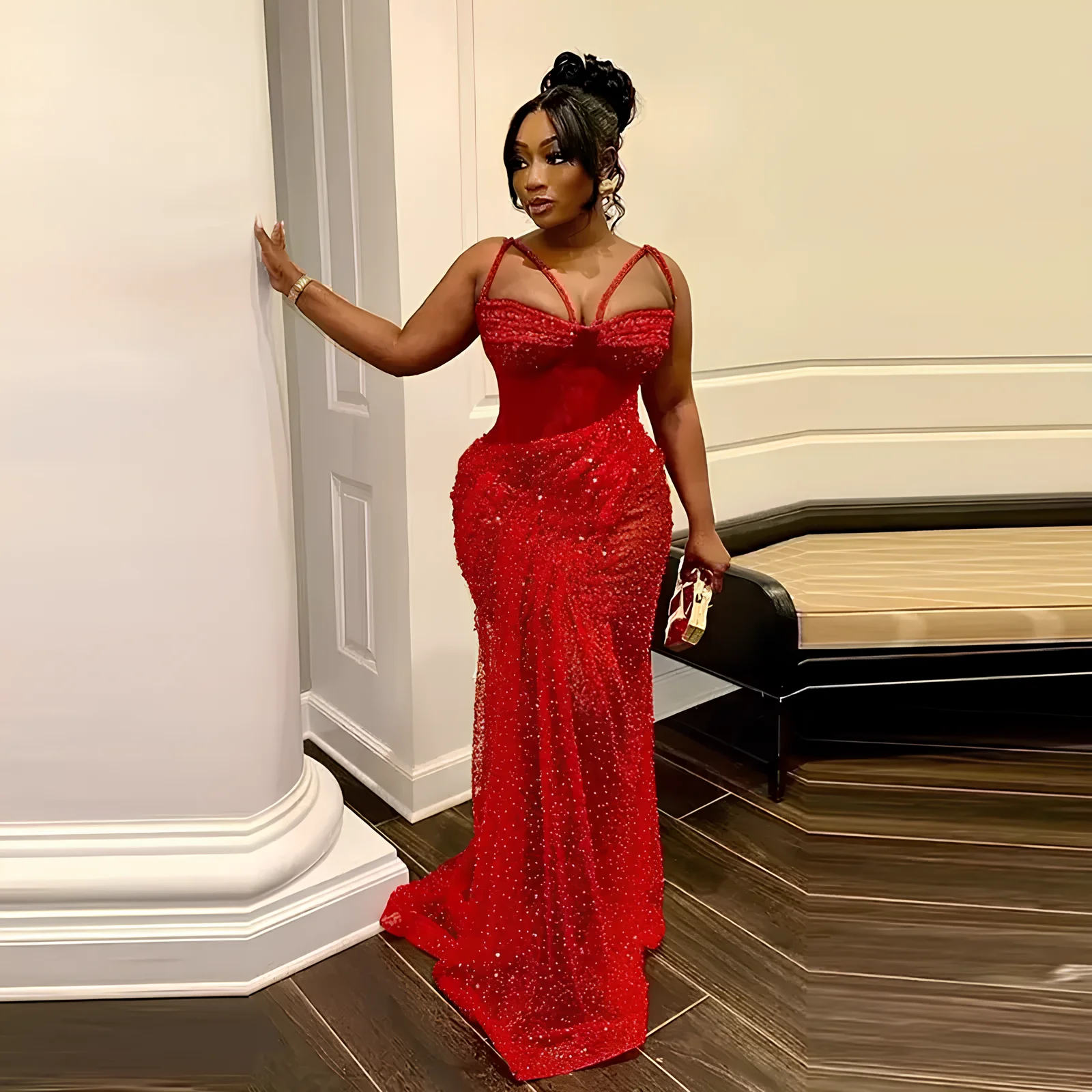 

Sexy Lace Mermaid African Women's Evening Dress Luxury Beaded Pearl Formal Event Party Dress Red Prom Dress Customization