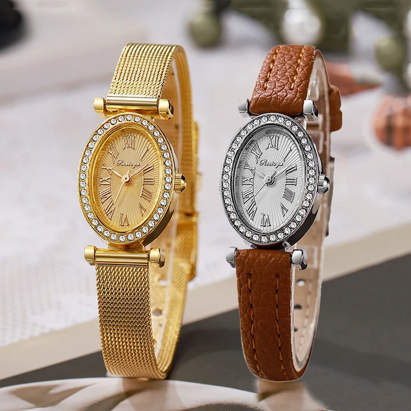 Luxury Watch Women Fashion Oval Diamond Dial Quartz Wristwatch Wholesale Leather Strap Student Watches Relojes Para Mujer