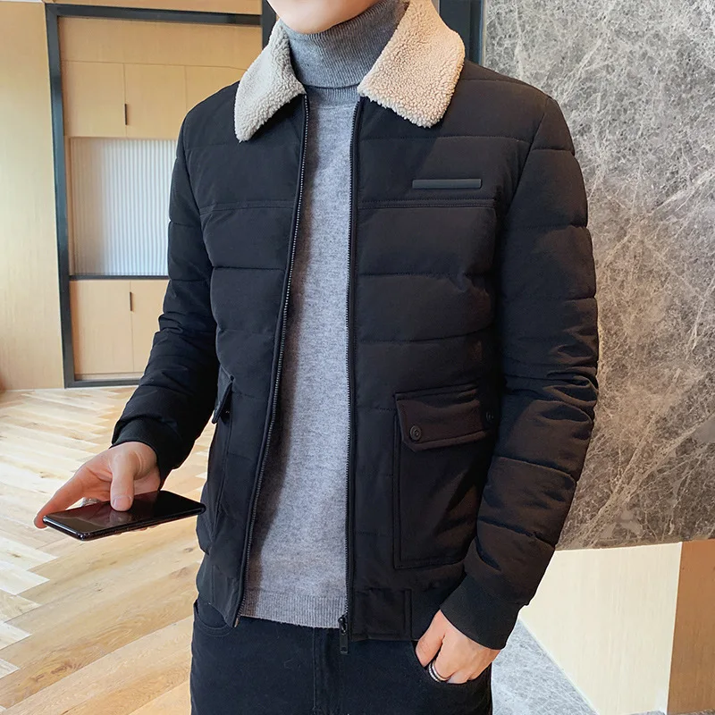

Autumn And Winter Men's Short Down Cotton-padded Clothes Casual Fashion Lamb Wool Collar Jacket Lapel Tooling Pie