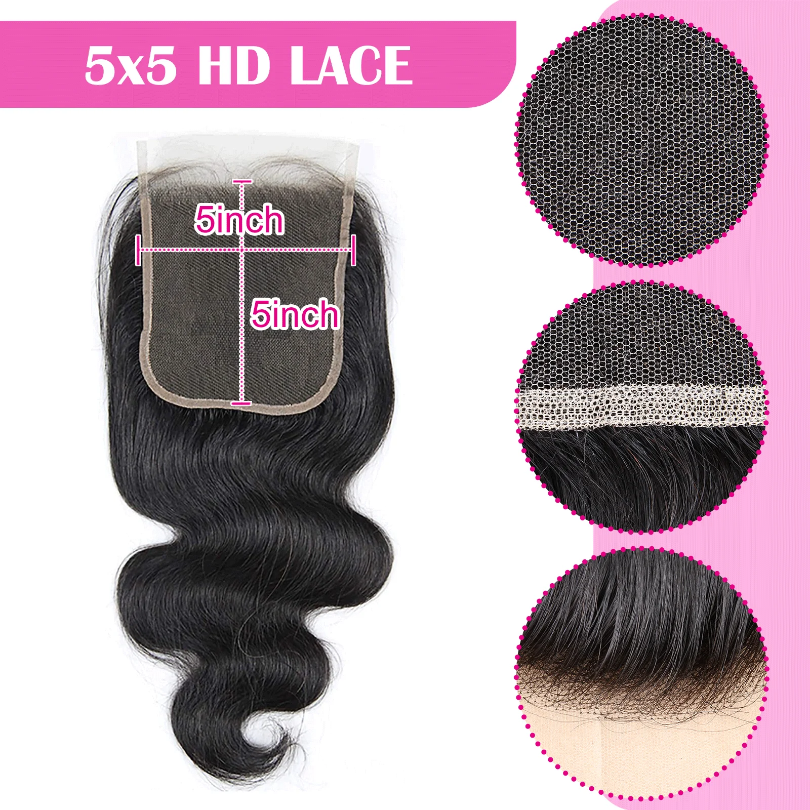 5x5 Body Wave Human Hair Lace Frontal Closure HD Swiss Lace 100% Human Virgin Hair Natural Hairline 4X4 Lace Closure