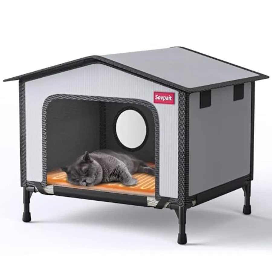 

Outdoor heated cat house with heating pad and escape door waterproof polyester fabric gray warm and ventilated for year-round u