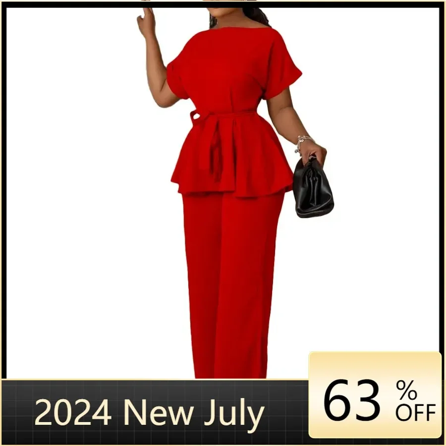 2 Piece African Clothes for Women Summer Elegant Short Sleeve Blue Red White Black Top Long Pant Matching Sets Africa Clothing