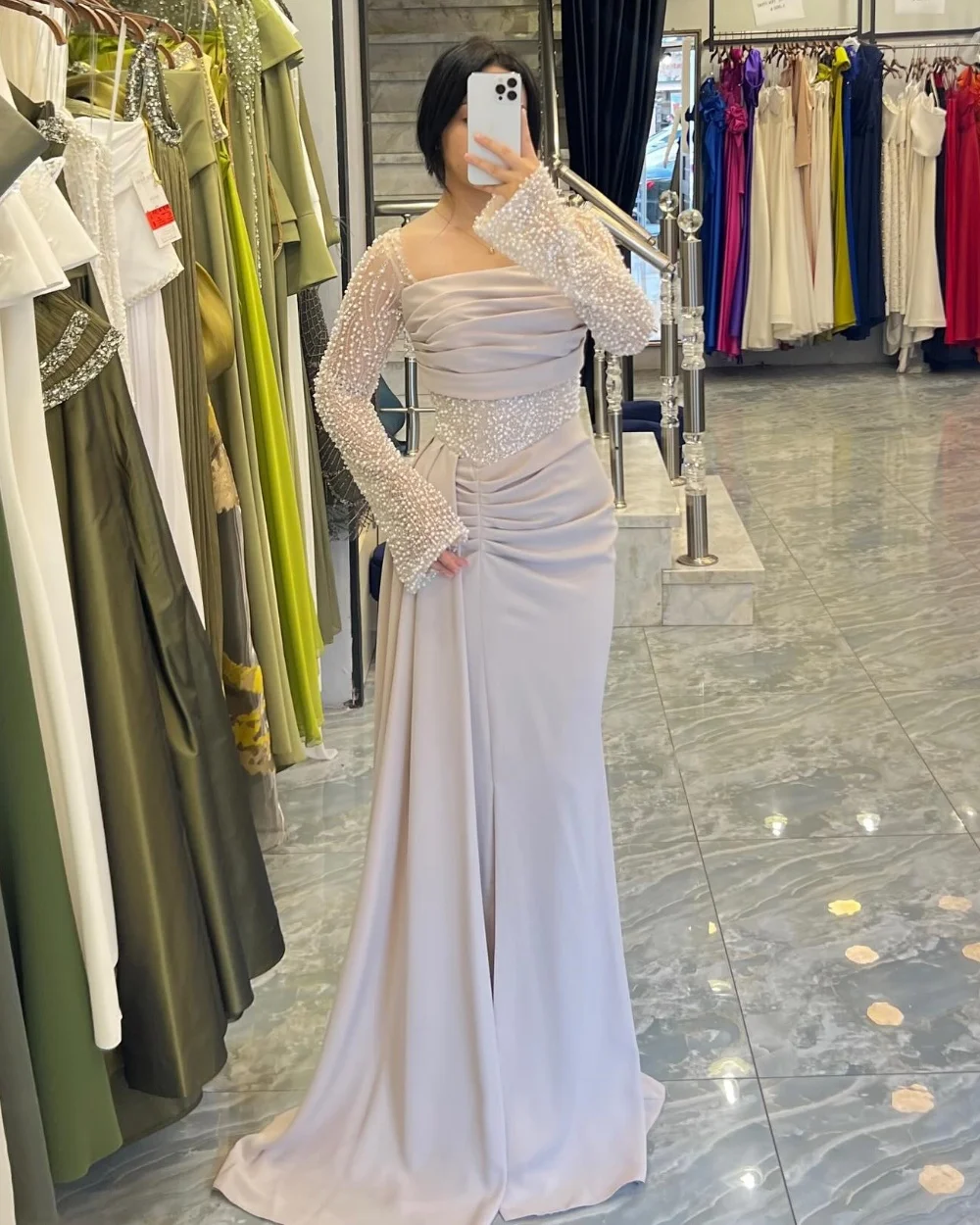 

Customized Intricate Sparkle Jersey Beading Sexy Pleat A-line Square Neck Long Dresses Bespoke Occasion Dresses High Quality