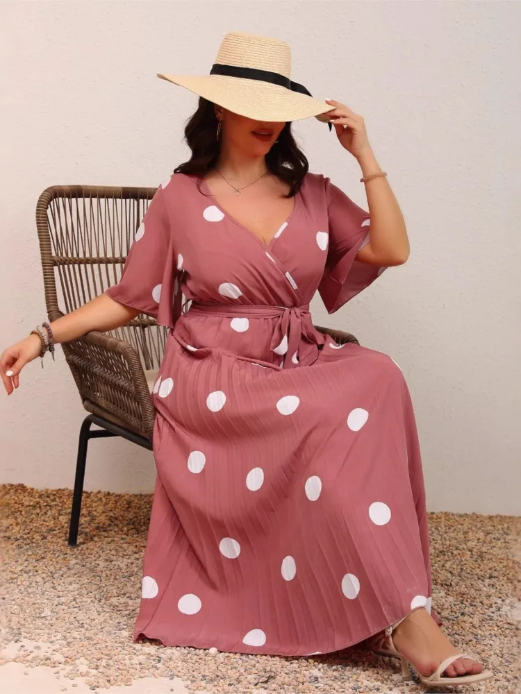 Plus Size Polka Dot Print Zomer V-hals Jurk Vrouwen Ruche Geplooide Losse Mode Dames Jurken Korte Mouw Casual Vrouw Jurk