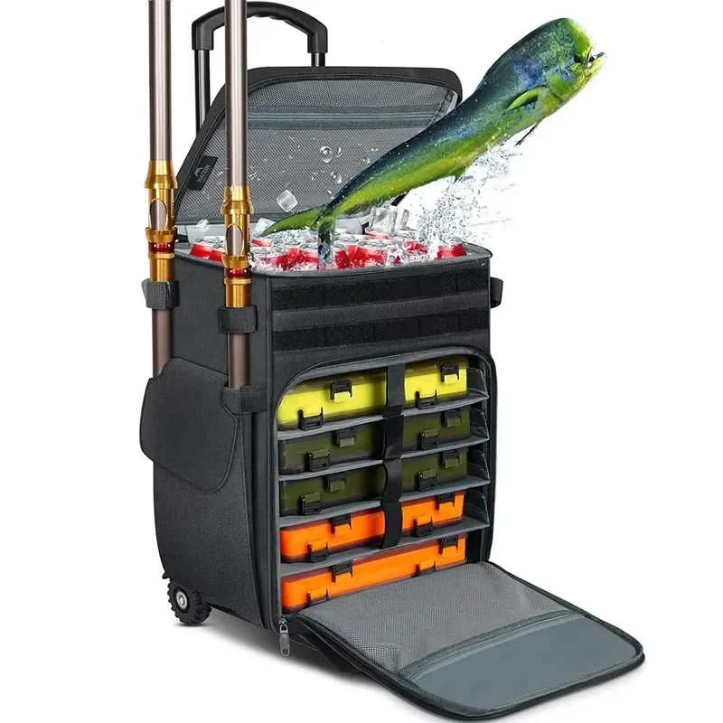 Tackle Box, Large Fishing Bag with Wheels with 5 Trays, Salt-resistant Fishing Tackle Backpack and Storage Waterproof Bottom