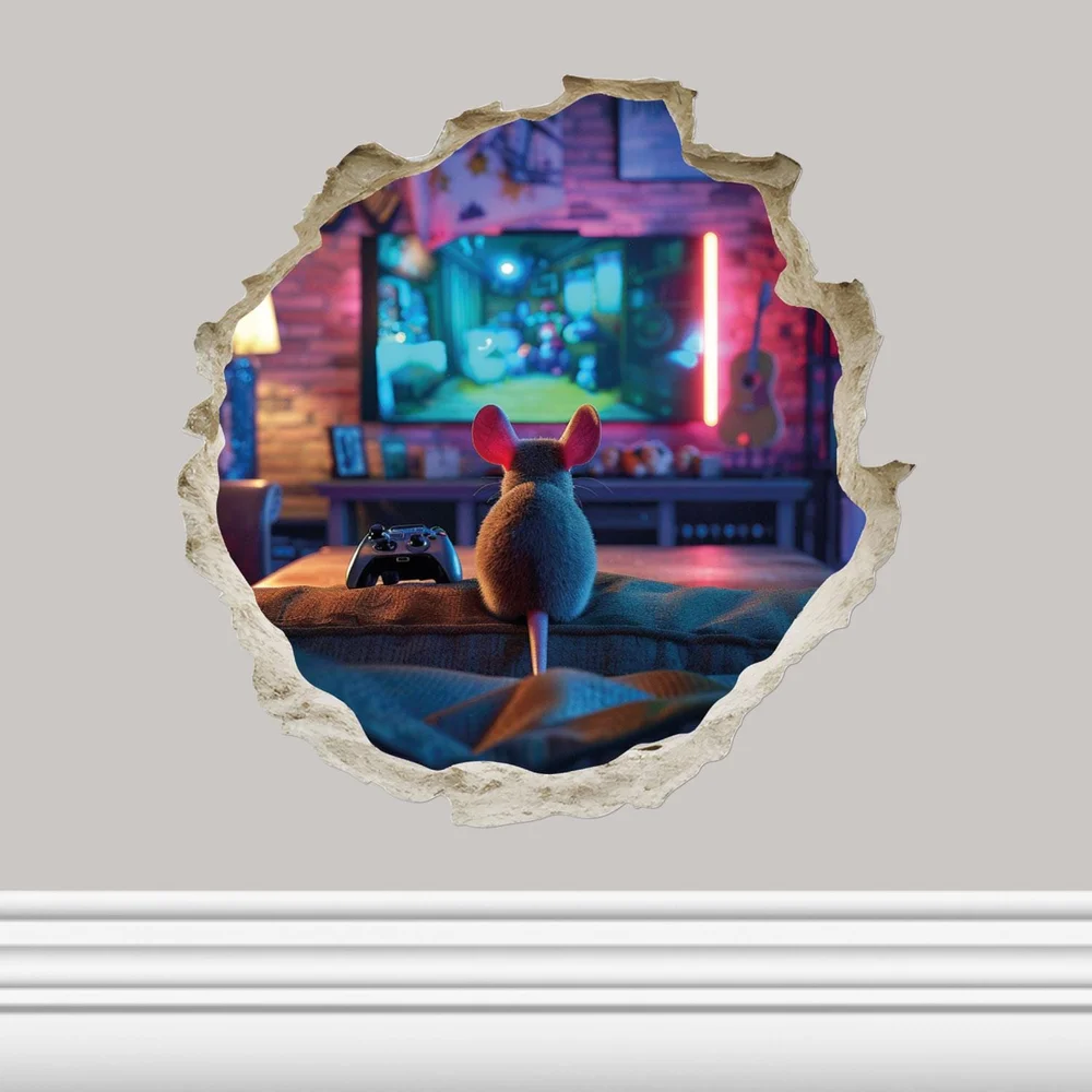 Mouse Playing Game Console In Mouse Hole Vinyl Sticker Decal for Truck Window and Laptop Art Pattern Decoration