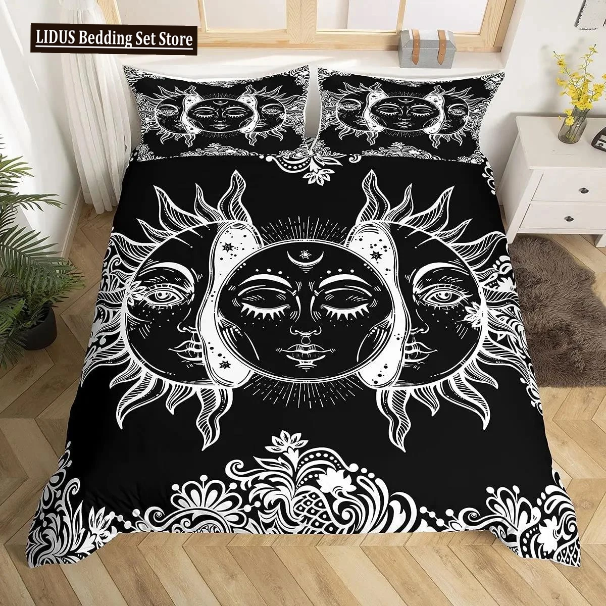 

Mandala Duvet Cover Set Sun And Moon Comforter Cover Ties Exotic Style Black And White Botanical Floral Polyester Bedding Set