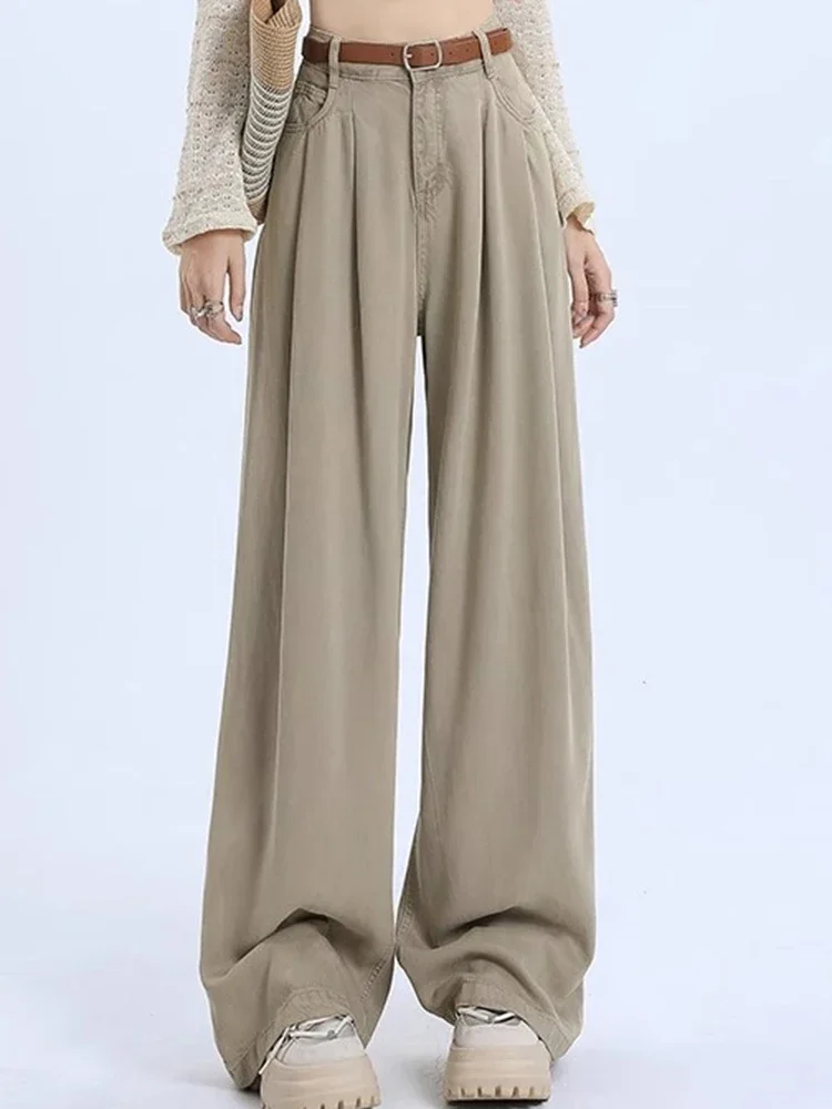 Woman Korean Straight Leg Jeans Lady High Waist Denim Wide Leg Pants Girls Khaki Retro Blue Light Blue Gray White Loose Trousers