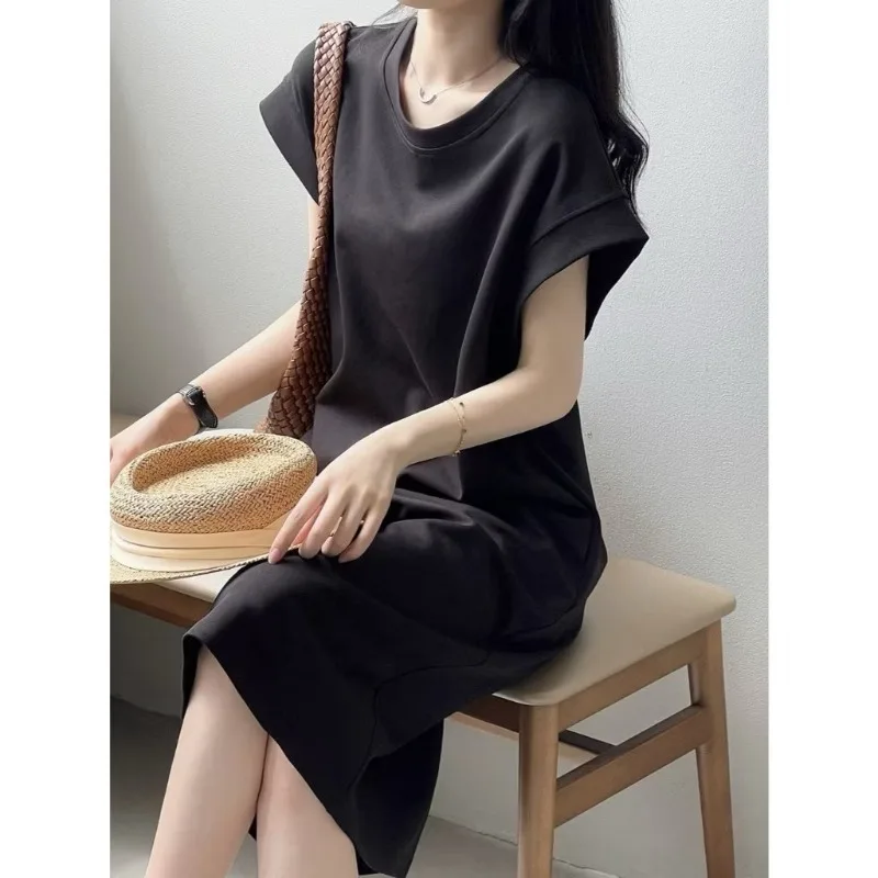 Women Summer Flutter Sleeve Casual Dress Lady Solid Color Loose Dress Woman Casual Mid-Length Dress Ladies Anti-Exposure Sports