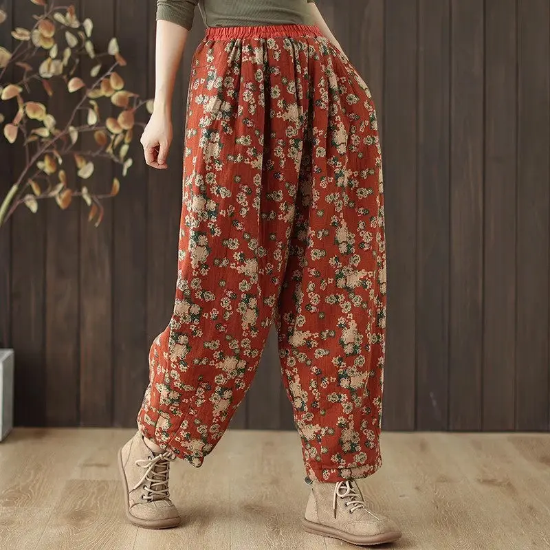 Women Retro Floral Loose Cotton Pants Spring Autumn Oversized Wide Leg Trousers Casual XJ999