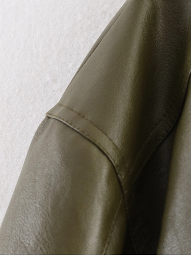 Chaqueta de cuero de imitación de PU de manga larga con solapa informal holgada y versátil a la moda para mujer de estilo europeo
