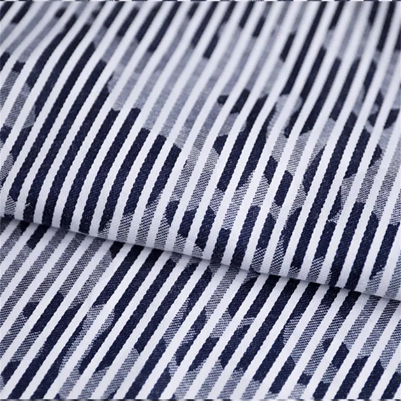 

Deep and dark blue and white vertical stripes, dark camouflage jacquard color woven, delicate pure cotton fabric, designer fabri