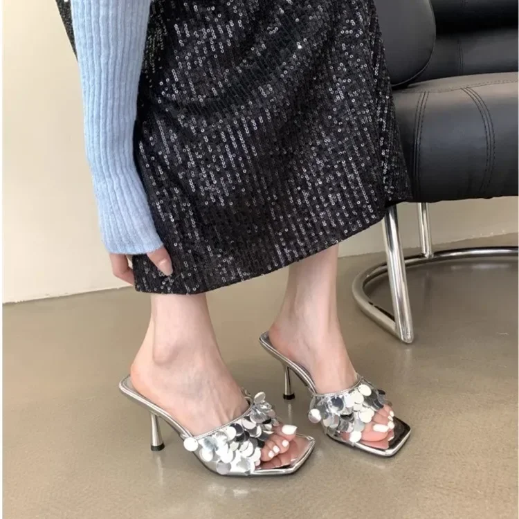 New In Ladies Pumps Thin Heels Shoes 2024 Designer Fashion Shallow Bling Female High Heels Slides Sandals Shoes For Women