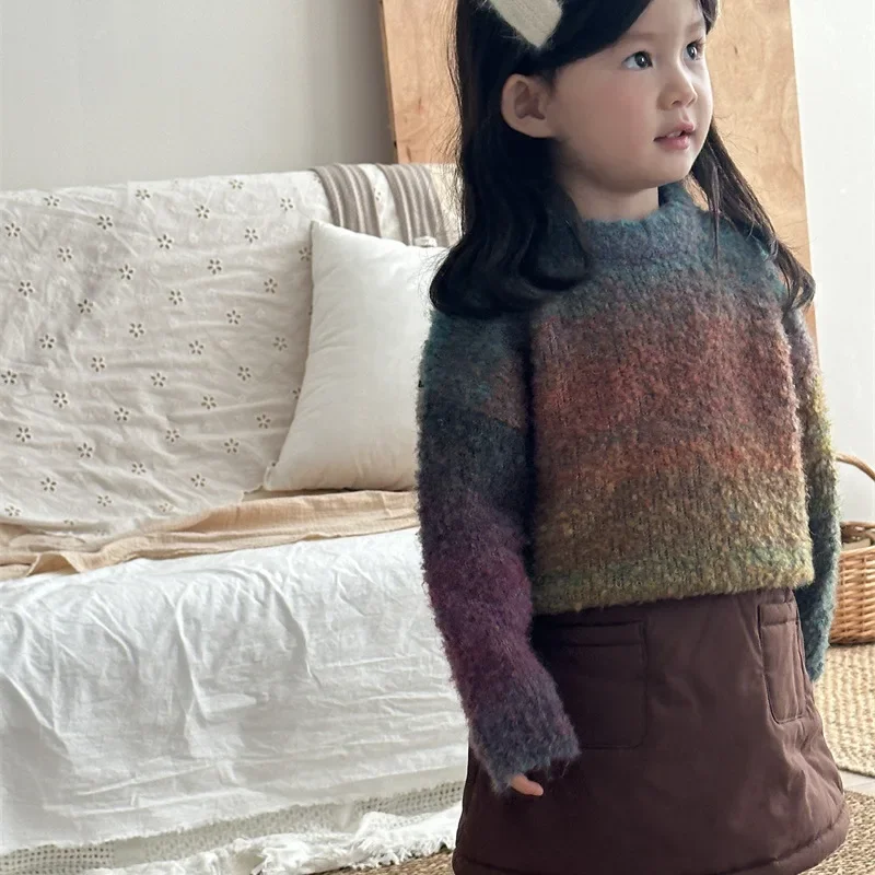 

Girls Sweater 2024 Winter New Childrens Clothes Girls Baby Foreign Style Wool Gradient Sweater Casual Simple and Daily