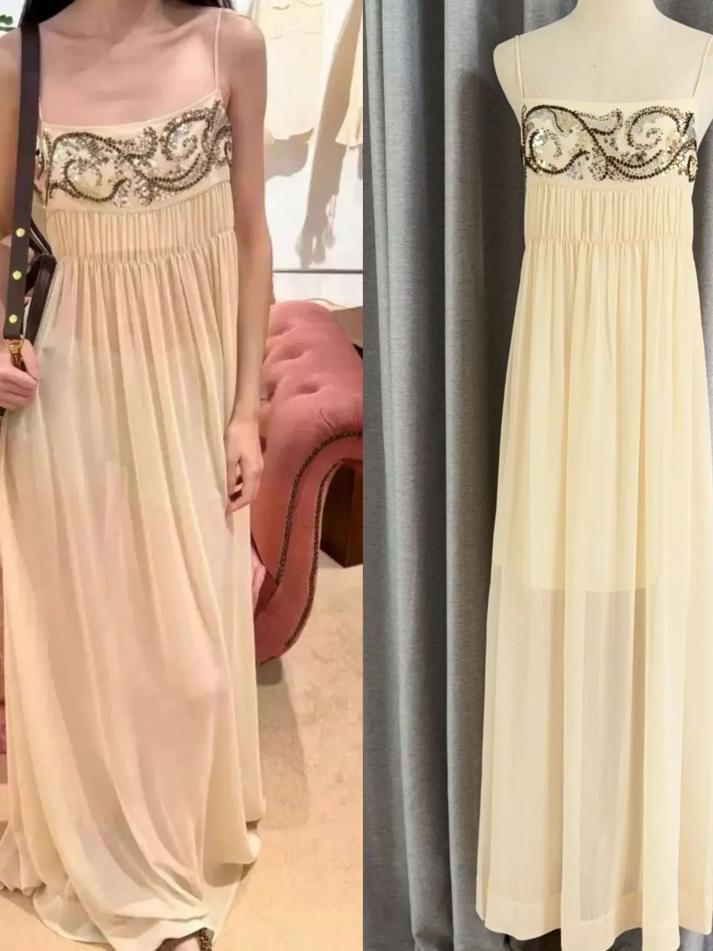 

Handmade Beaded Chiffon Skirt in Apricot Color Shanghai Version 26ss Versatile Retro Summer New Style Commute Friendly