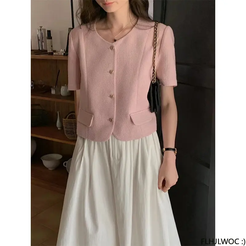 Veste courte chic coréenne pour femmes, tenue de bureau, nouveau design, japon, boutons solides, noir, rose