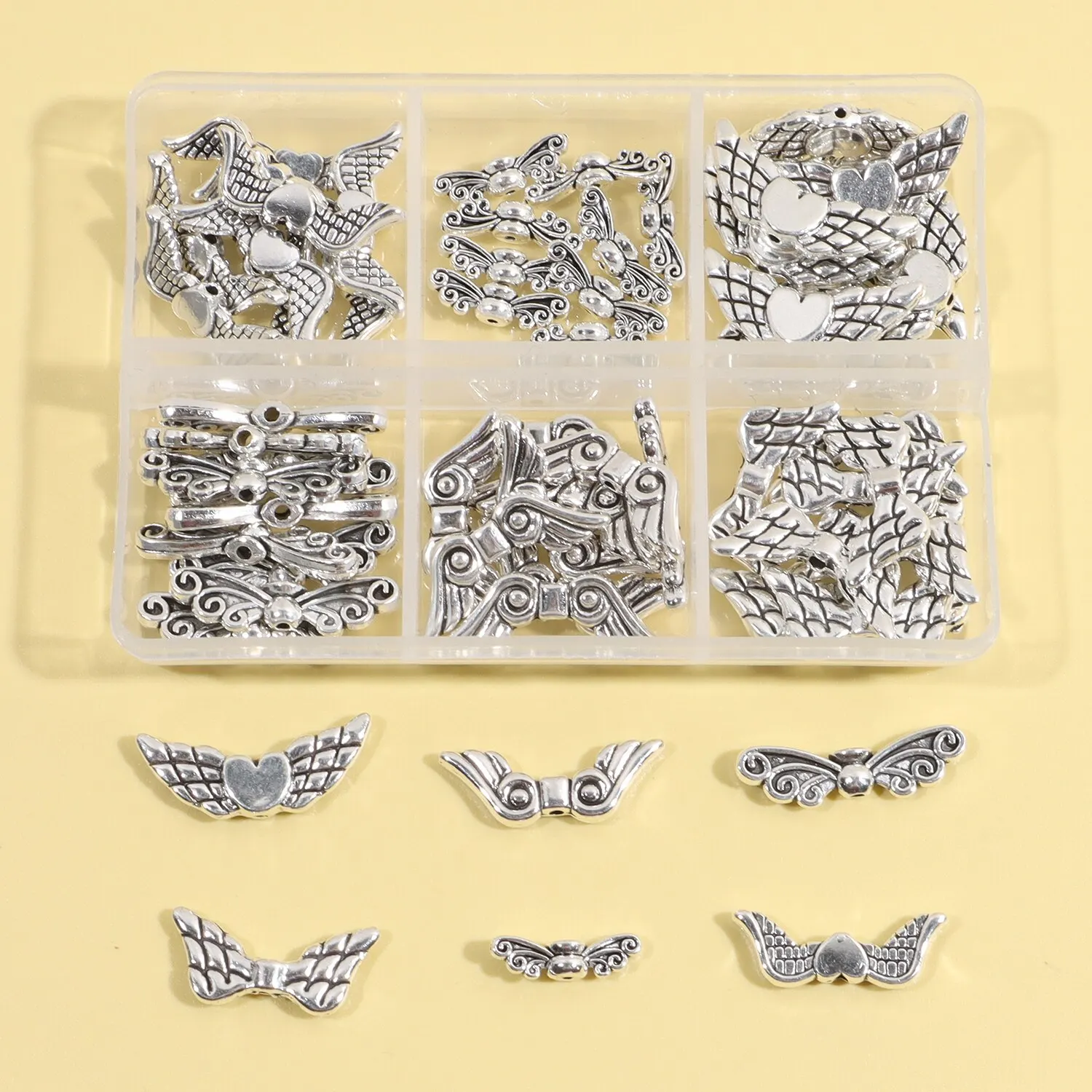 1 Pudełko 6 stylów Koraliki skrzydełkowe Angel Fairy Wings Charm Alloy Spacer Bead Antyczne srebro do tworzenia biżuterii Xmas DIY Crafts