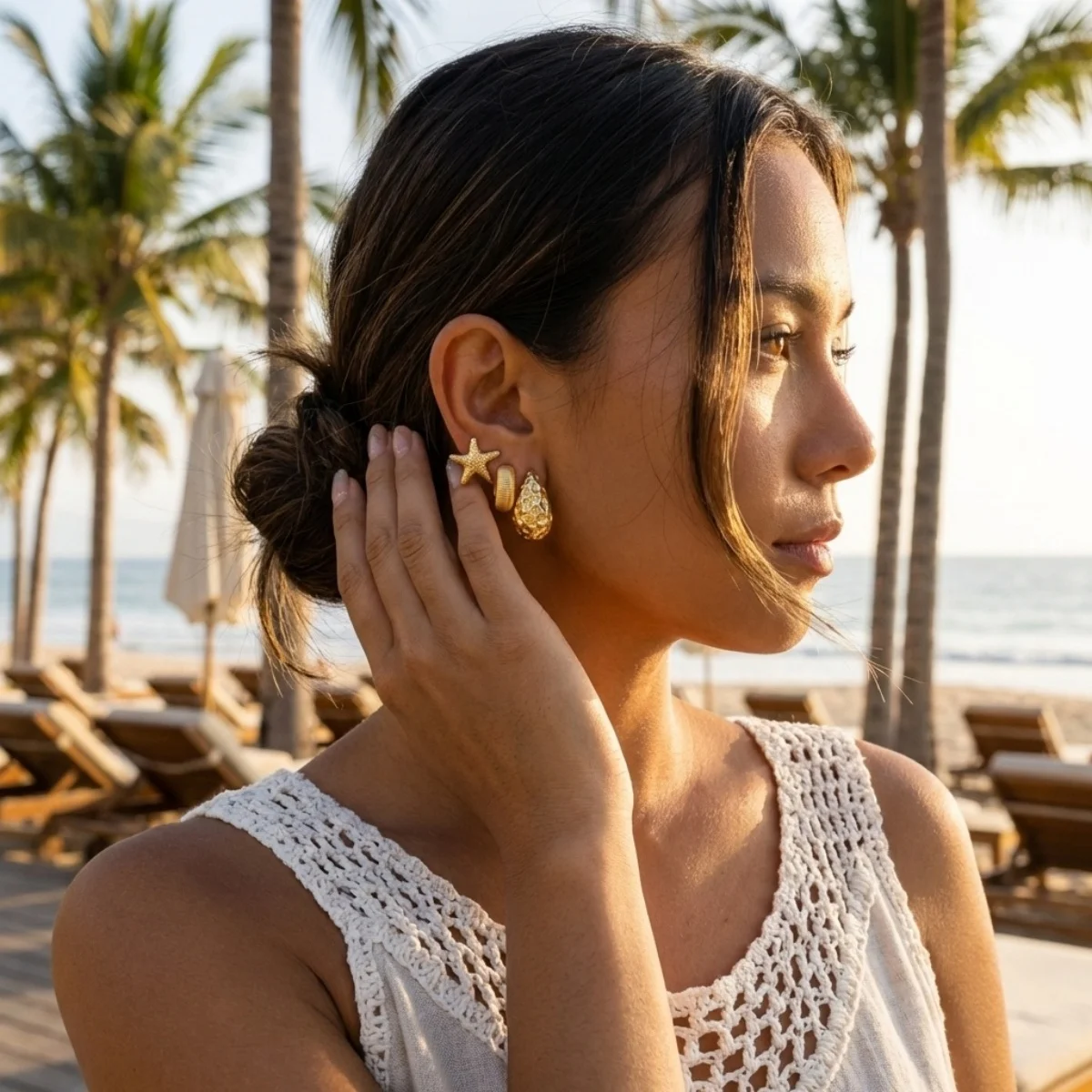 Bohemian Seestern Lava Wassertropfen CCB Ohrstecker-Set für Damen und Herren Muschel C-förmige Ohrringe Sommerurlaub Party Schmuck – Detail 8