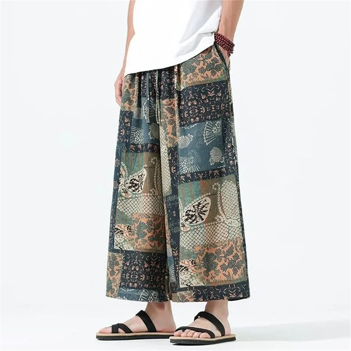 Sommerliche Herrenhose mit lockerem, geradem Bein, Patchwork-Design, weites Bein, Retro-Chinesischer Stil, lässige, lockere Passform, Herrenmode – Detail 1