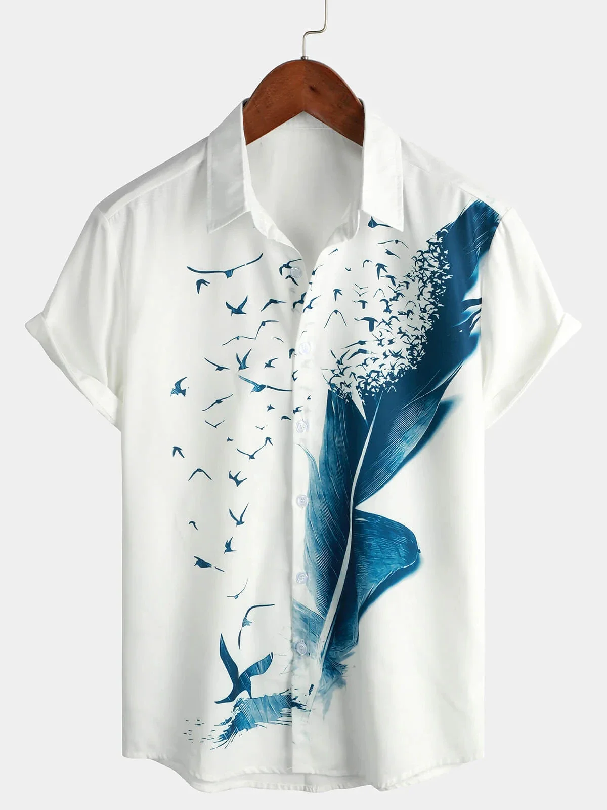 New Men's Light Color Peach Blossom Blue and White 3D Printed Shirt Vacation Hawaii Beach Lapel Short Sleeve Breathable Top