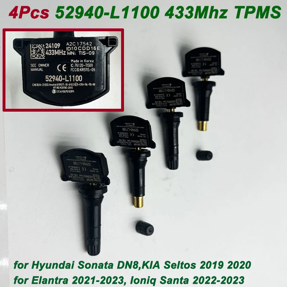 4Pcs TPMS Tire Pressure Sensor for 2019-2023 KIA K5 Seltos Hyundai Elantra Ioniq5 Tucson Sonata 52940-L1100 52940L1100 433MHz