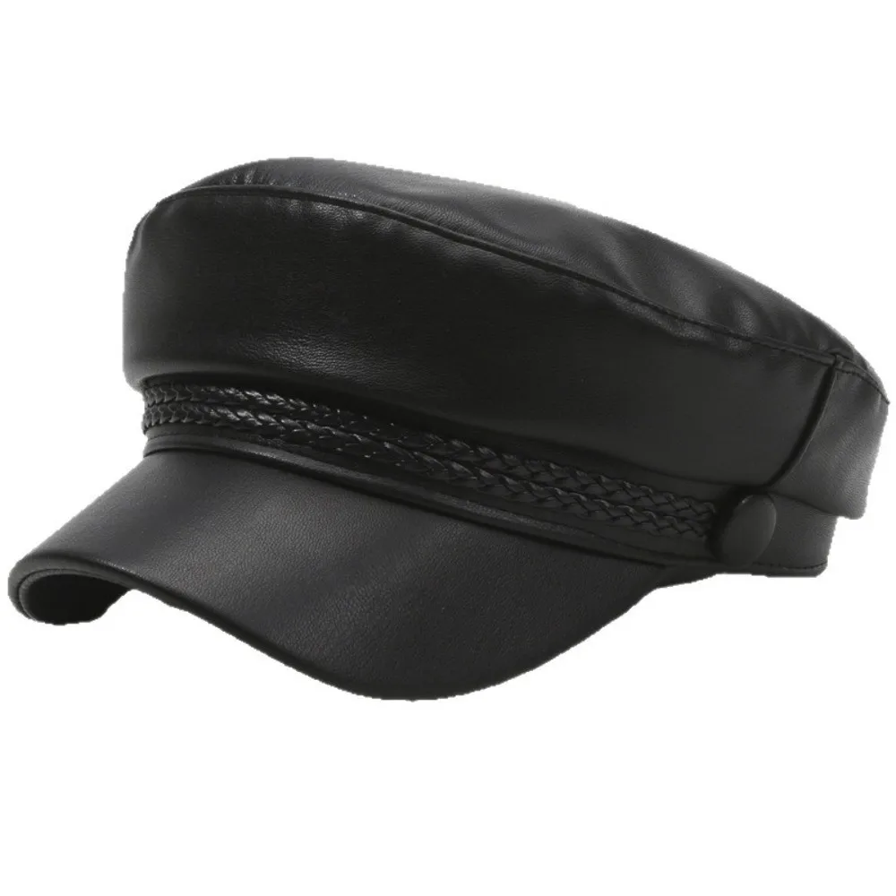 

Classic Flat Top Beret Hat Black PU Leather Sailor Visor Hat Adjustable Punk Style Newsboy Cap
