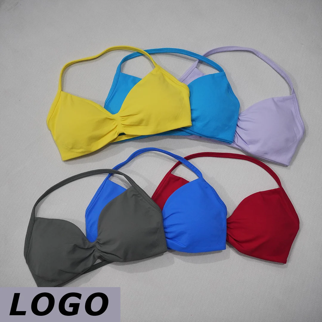 DF LOGO Summer Women Backless Push Up Sports Bra High Support Shockproof Breathable Elastic Yoga Gym Running Fitness Athletic To